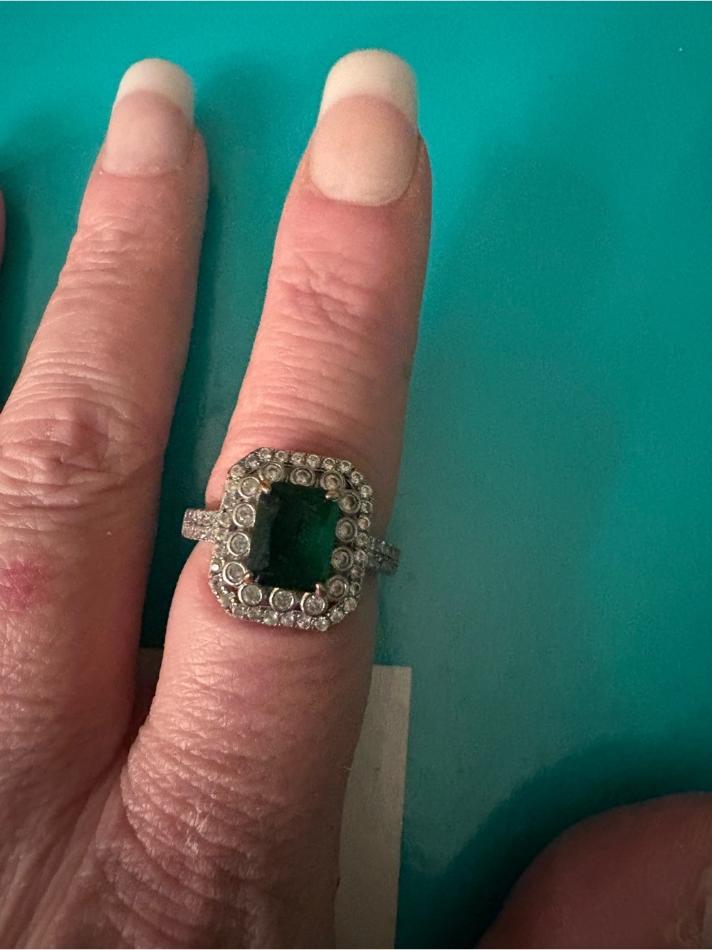 Emerald Halo Sterling Ring - Green Stone with Pavé Accent